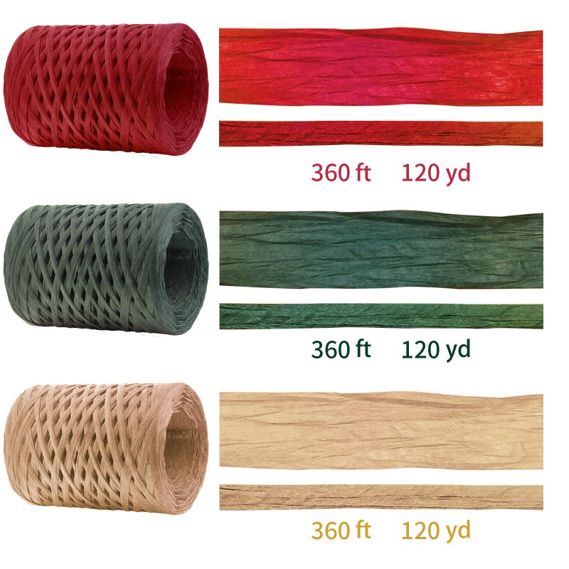 CREATRILL Raffia Ribbon Red Green Natural 3 Rolls 1080 Feet, 360 Feet Each Roll, Paper Twine Wrapping Ribbon for Christmas - Image 2